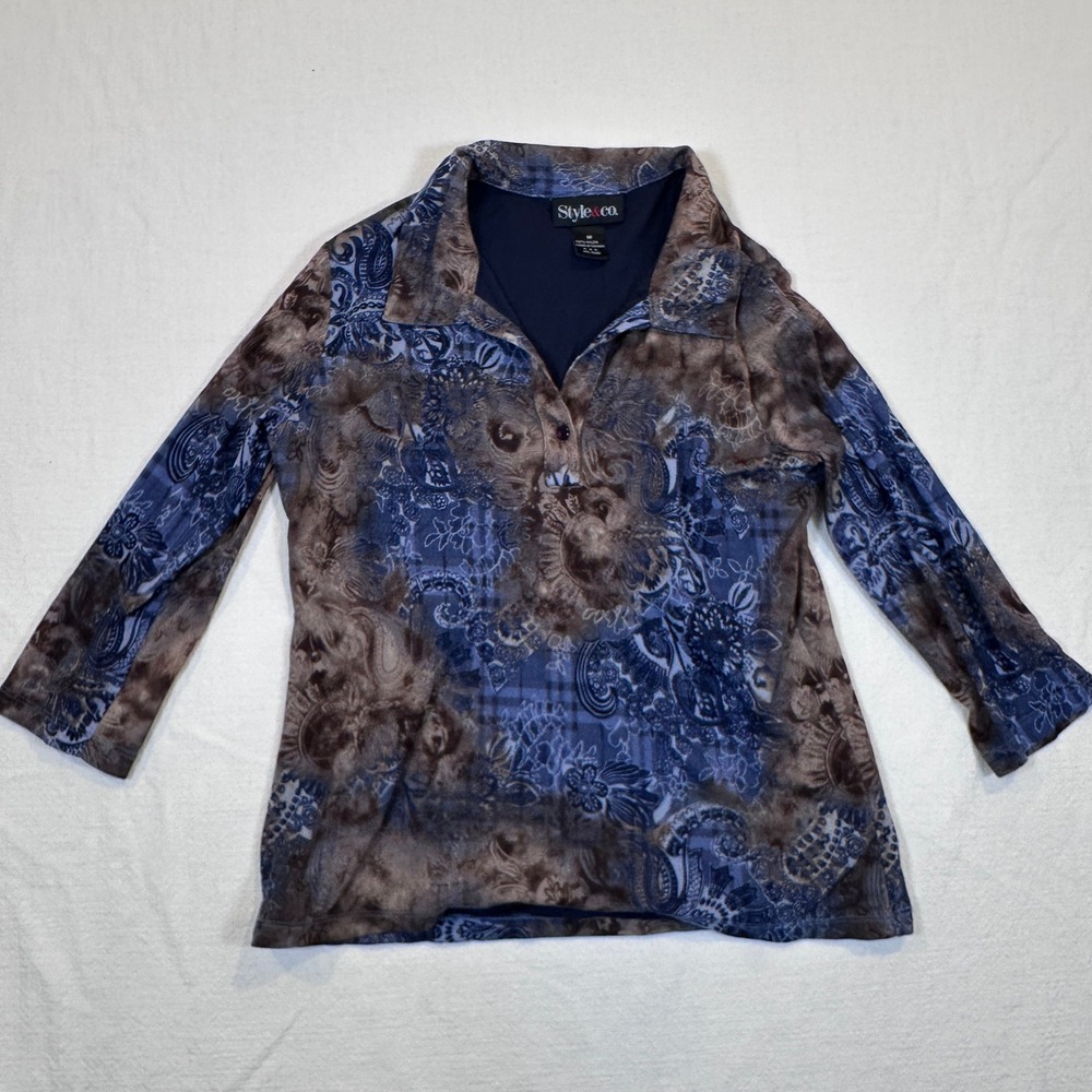 Style & Co Womens Blue Brown Paisley Mesh Overlay Henley Blouse Top Medium